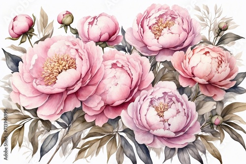 peony flowers on a white background  set of watercolor flowers  perfect for cards and invitations