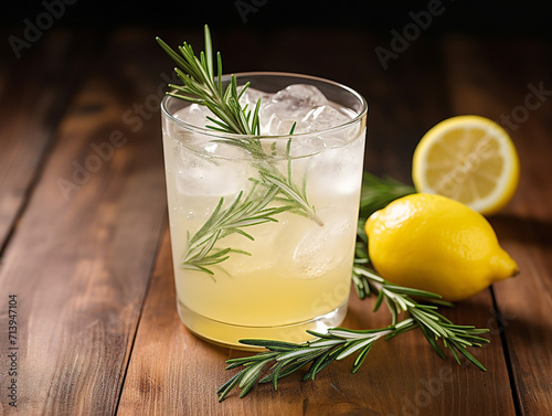 A refreshing glass of sparkling lemonade adorned with a sprig of aromatic rosemary.