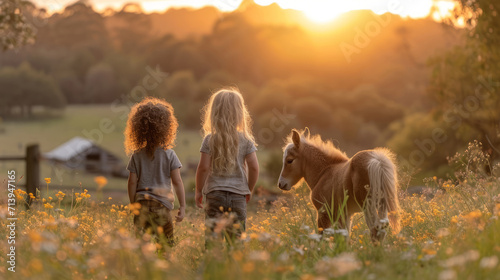 Cheerful children playing with foal and horse in a beautiful meadow outdoors
