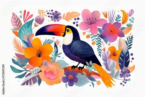 Trendy creative beautiful illustration with toucan and flowers on a white background. Blooming design with bird. colorful illustration with tropical flowers, leaves and, Generative AI 
