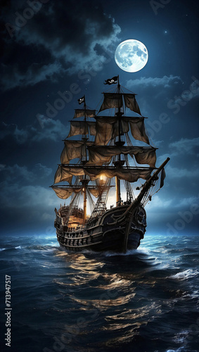 A pirate ship sails on the monstruous sea and the stormy sky is dark onimous clouds ai generated art photo