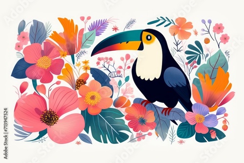 Trendy creative beautiful illustration with toucan and flowers on a white background. Blooming design with bird.  colorful illustration with tropical flowers, leaves and, Generative AI  © Vasudha