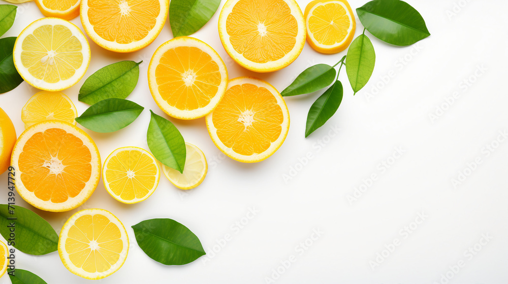 Fresh Citrus Slices and Green Leaves on White Background, Vibrant Tropical Fruit Composition with Copy Space for Text or Promotion, Healthy and Organic Citrus Concept for Nutrition Advertising. Fresh Citrus Slices and Green Leaves on White Background, Vibrant Tropical Fruit Composition with Copy Space for Text or Promotion, Healthy and Organic Citrus Concept for Nutrition Advertising.
