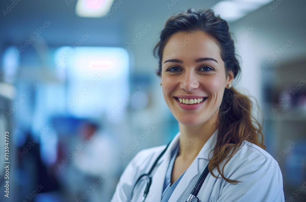 smiling doctor working at clinic, in the style of bokeh panorama smiling doctor working at clinic, in the style of bokeh panorama