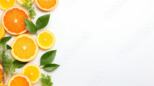 Fresh Citrus Slices and Green Leaves on White Background  Vibrant Tropical Fruit Composition with Copy Space for Text or Promotion  Healthy and Organic Citrus Concept for Nutrition Advertising.