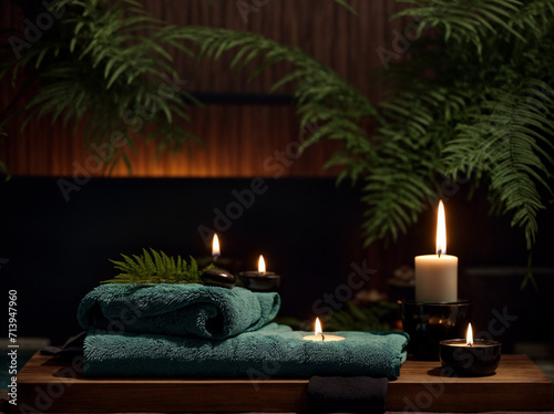 Wooden Tranquility Escape - Towel, Candles, Hot Stone Massage. Indulge in One-Person Beauty Spa Treatment and Relaxation Concept in a Candlelit Haven