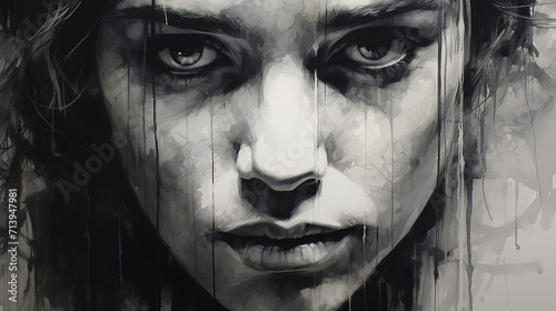 Tear tracks remain, ink painting of a woman with tears.