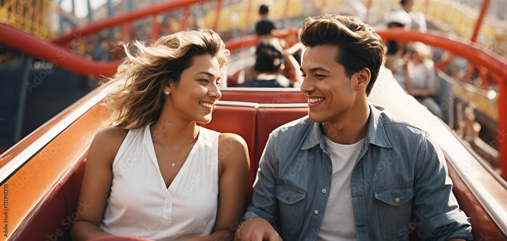 Fototapeta premium Happy Young couple on a roller coaster