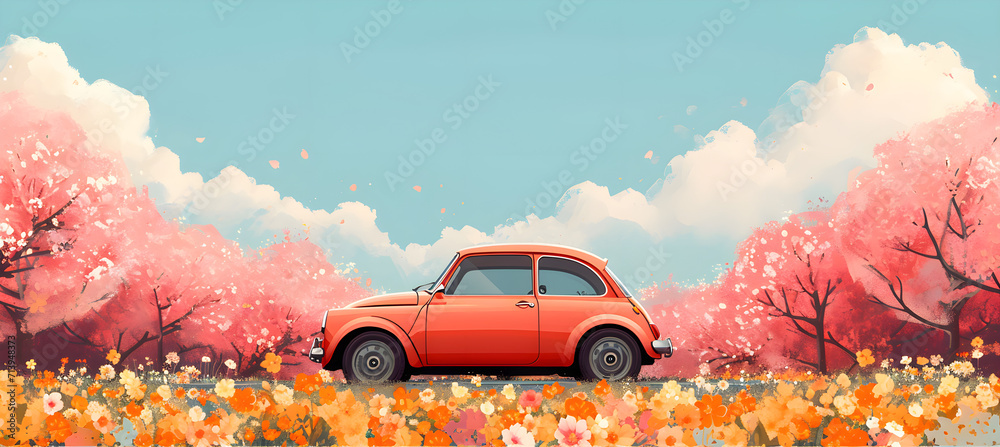 banner of little car on the flower background. Concept of spring travel  - obrazy, fototapety, plakaty 