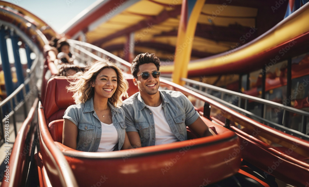 Happy Young couple on a roller coaster