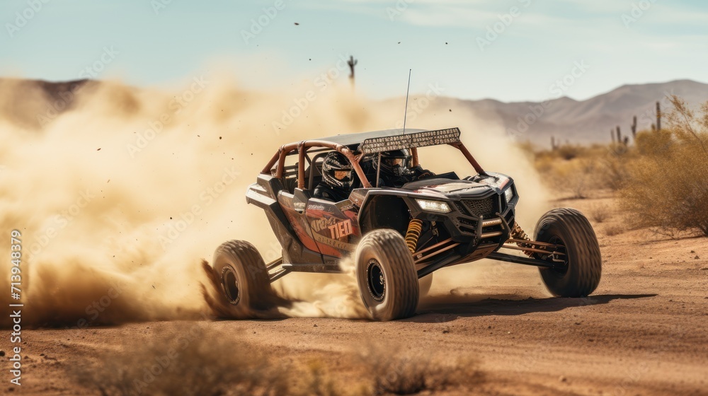 Driving through the desert, an off-road buggy conquers the dunes.