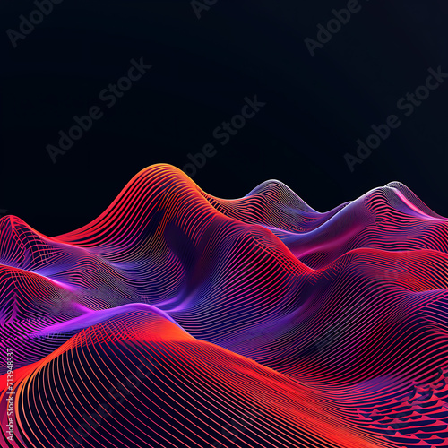 a red, orange, and blue wave with purple over it, in the style of landscapes in motion, accurate topography, futuristic cyberpunk.