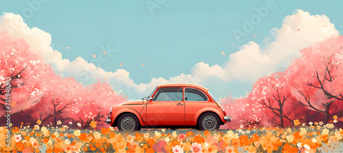 banner of little car on the flower background. Concept of spring travel  photo