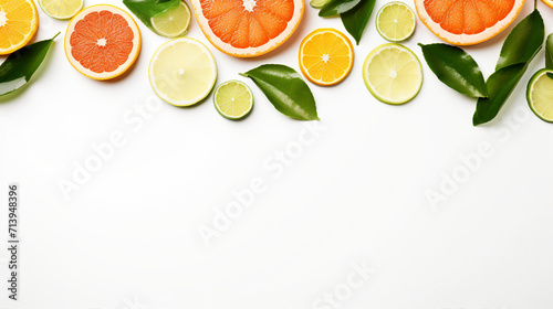 Fresh Citrus Slices and Green Leaves on White Background  Vibrant Tropical Fruit Composition with Copy Space for Text or Promotion  Healthy and Organic Citrus Concept for Nutrition Advertising.