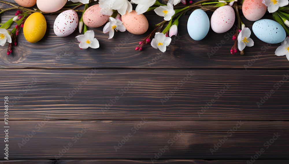 easter eggs on wooden background ai generative