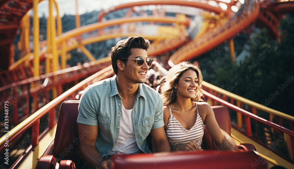 Happy Young couple on a roller coaster Happy Young couple on a roller coaster