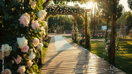 A beautiful romantic place for a wedding ceremony in a green park, a background for a solemn event. Created with Generative Ai technology. © Viktor