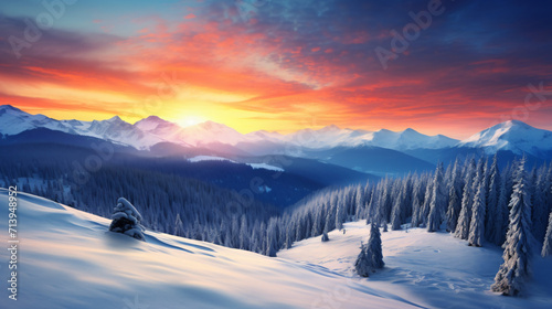 Majestic sunrise in the winter mountains landscape © Rimsha