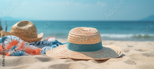 Straw hat, sunglasses and seashell on the beach.
