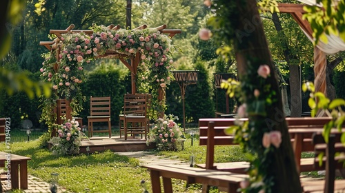 A beautiful romantic place for a wedding ceremony in a green park  a background for a solemn event. Created with Generative Ai technology.