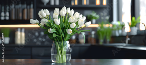 white bouquet of tulips in transparent vase on the black kitchen 