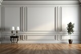 White wall panels in classical style with gilding and door. 3d rendering