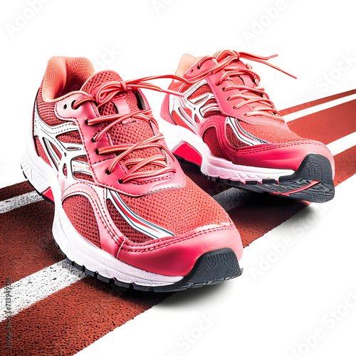 Pair of running shoes on a track isolated on white background, detailed, png 