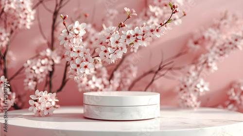 spring podium with cherry blossom  #713949327