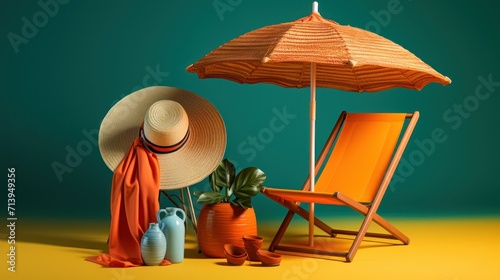 Essential beach gear  a straw hat and a deck chair.