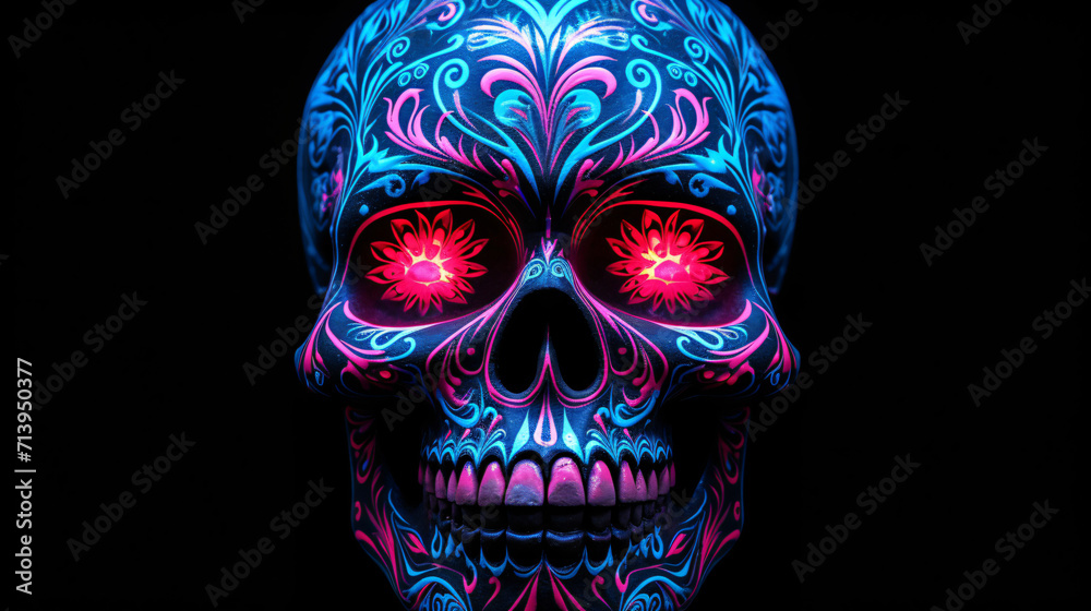 Pink blue neon skull on black background