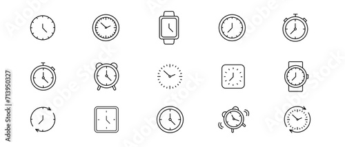 Clock and Time linear icons set. Timer, watch, speed, alarm clock. Vector illustration.