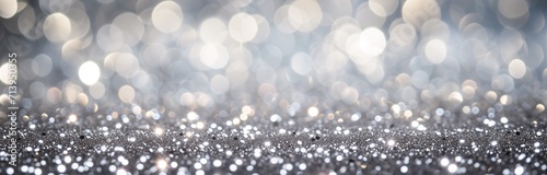 Abstract silver glitter bokeh with grey background, Generative AI illustration, copy space
