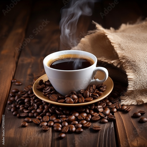 coffee beans and cup on old wood