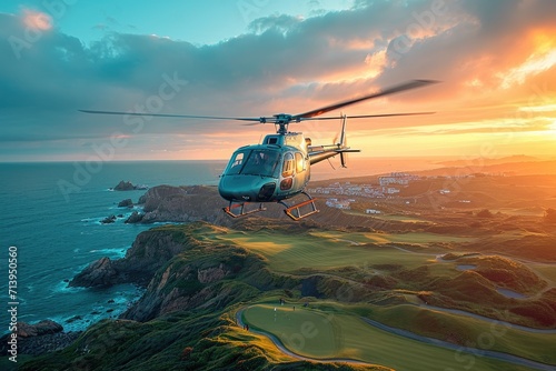 A modern helicopter flying above a vast beautiful golf course, sunny day