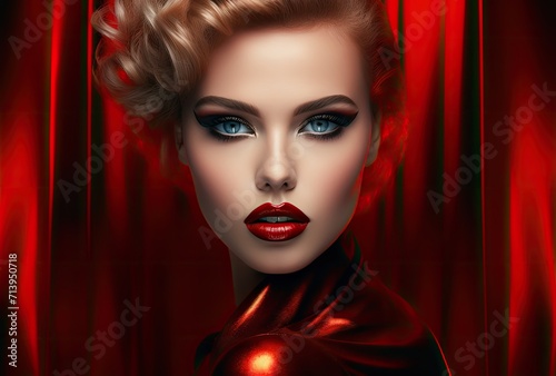 An exquisite woman adorned with captivating makeup, particularly showcasing beautiful red lipstick. Embodying the essence of style, beauty, and fashion.