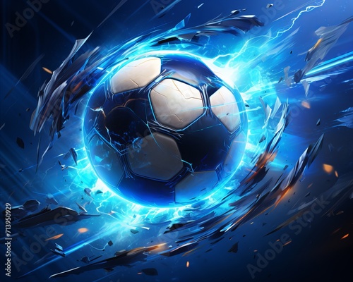 Energetic flying soccer ball with luminous blue glow on vibrant abstract background
