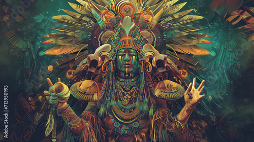 Ancient Visions: A Shamanic Presence, Wearing Symbols like a Cosmic Tapestry, Leads the Tribe into a Psychedelic Journey with the Sacred Mushroom photo