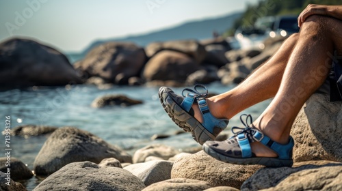 Close up of male legs in blue shoes sitting on a rock by the sea
