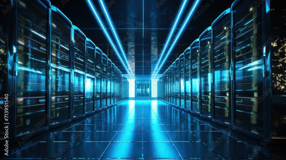 In the server room of the data center, there are facilities for backup, mining, hosting, mainframes, and computer racks with storage information.
