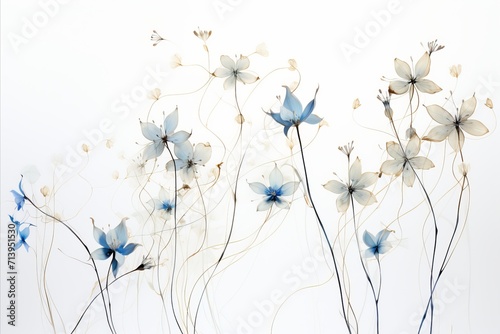 Exquisite delicate wildflowers with thin graceful lines on clean white background photo