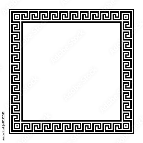 Meander square shaped frame with seamless Greek key pattern. Border with Greek fret motif, constructed from continuous lines, shaped into a repeated motif. Isolated illustration, over white. Vector.