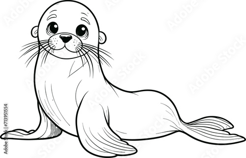 Black and White Line Art Illustration of Cartoon Seal Pup
