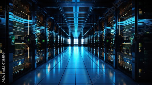 The server room at the data center is optimized for backup, mining, hosting, mainframes, and computer racks with storage information.