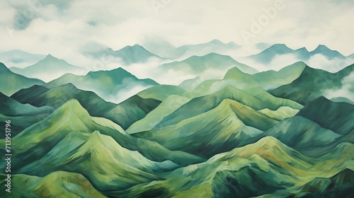Abstract expanse of mountains with organic green grass. Beautiful panorama in hand drawn style for wallpaper concept. Generative AI