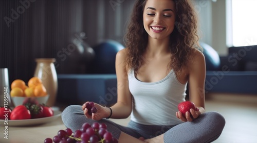 Happy beautiful young woman having good healthy snack after workout, sitting on yoga mat on floor with fit ball and dumbbells, photo