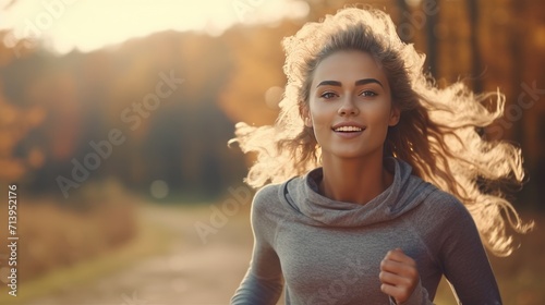 Happy athletic girl jogging outdoors. Workout exercise in the morning. Healthy and active lifestyle concept.