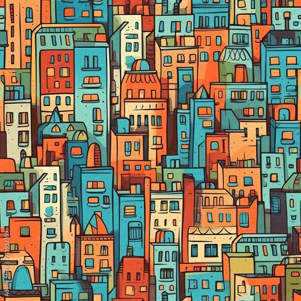 A seamless texture featuring a colorful, densely packed assortment of stylized buildings. A seamless texture featuring a colorful, densely packed assortment of stylized buildings.