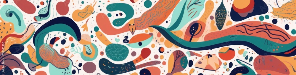 Decorative abstract horizontal banner with colorful doodles. Hand-drawn  modern illustration, Generative AI  