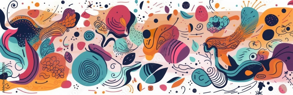 Decorative abstract horizontal banner with colorful doodles. Hand-drawn  modern illustration, Generative AI  