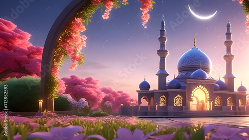 Islamic Ramadan beautiful background with mosque in the evening 